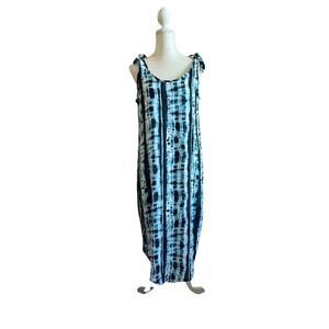 Entro Chambray Tie Dye Sleeveless Maxi Dress Blue Sz Small Relaxed